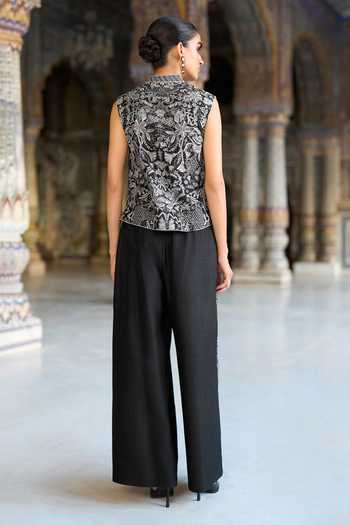 Dash And Dot Embroidered Waistcoat & Straight-Cut Pant Set 