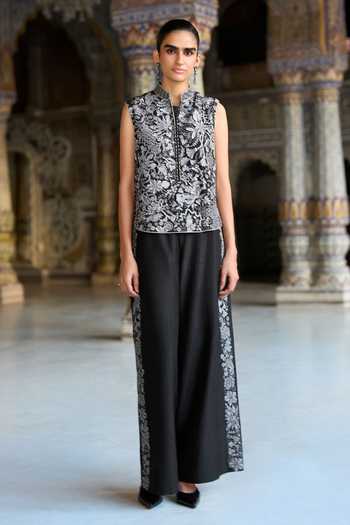 Buy_Dash And Dot_Black Viscose Mandarin Collar Embroidered Waistcoat And Straight-cut Pant Set _Online_at_Aza_Fashions
