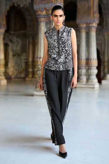 Dash And Dot Embroidered Waistcoat & Straight-Cut Pant Set 