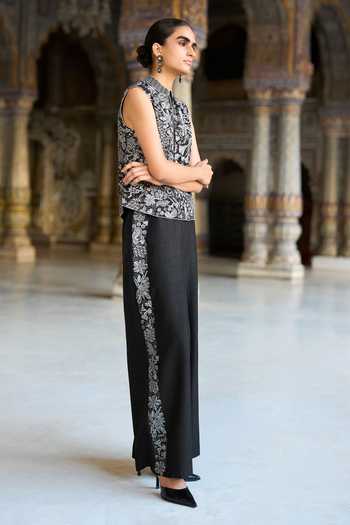 Shop_Dash And Dot_Black Viscose Mandarin Collar Embroidered Waistcoat And Straight-cut Pant Set _Online_at_Aza_Fashions
