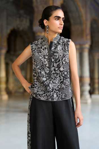 Dash And Dot_Black Viscose Mandarin Collar Embroidered Waistcoat And Straight-cut Pant Set _at_Aza_Fashions