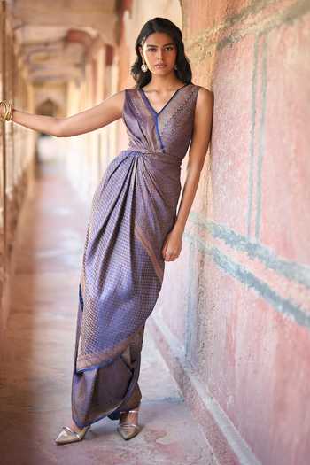 Dash And Dot Banarasi Brocade Draped Saree Gown 