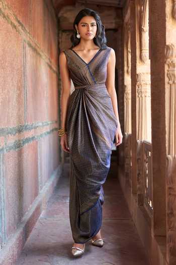 Dash And Dot Banarasi Brocade Draped Saree Gown