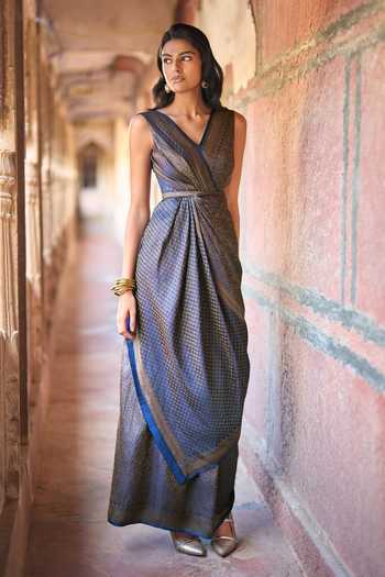 Dash And Dot_Gold Viscose, Polyester, Lurex Banarasi Brocade Draped Saree Gown _Online_at_Aza_Fashions