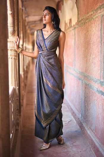 Shop_Dash And Dot_Gold Viscose, Polyester, Lurex Banarasi Brocade Draped Saree Gown _Online_at_Aza_Fashions