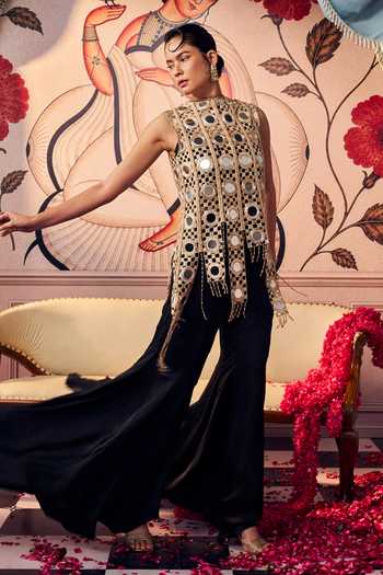 Ashutosh Joshi Black Crepe, Satin, Net, Bemberg High Geometric Mirror Cutwork Top And Sharara Set Online at Aza Fashions Ashutosh Joshi_Black Crepe, Satin, Net, Bemberg High Geometric Mirror Cutwork Top And Sharara Set _Online_at_Aza_Fashions