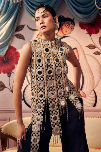 Buy Ashutosh Joshi Black Crepe, Satin, Net, Bemberg High Geometric Mirror Cutwork Top And Sharara Set Online at Aza Fashions Buy_Ashutosh Joshi_Black Crepe, Satin, Net, Bemberg High Geometric Mirror Cutwork Top And Sharara Set _Online_at_Aza_Fashions