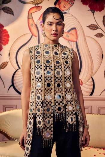 Shop Ashutosh Joshi Black Crepe, Satin, Net, Bemberg High Geometric Mirror Cutwork Top And Sharara Set Online at Aza Fashions Shop_Ashutosh Joshi_Black Crepe, Satin, Net, Bemberg High Geometric Mirror Cutwork Top And Sharara Set _Online_at_Aza_Fashions