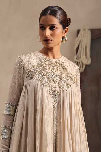 Shop Aurouss Ivory Chanderi, Tissue, Crinkle High Neck Chandrika Flared Anarkali Sharara Set Online at Aza Fashions Shop_Aurouss_Ivory Chanderi, Tissue, Crinkle High Neck Chandrika Flared Anarkali Sharara Set _Online_at_Aza_Fashions