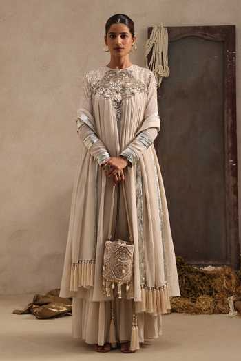 Aurouss Ivory Chanderi, Tissue, Crinkle High Neck Chandrika Flared Anarkali Sharara Set at Aza Fashions Aurouss_Ivory Chanderi, Tissue, Crinkle High Neck Chandrika Flared Anarkali Sharara Set _at_Aza_Fashions