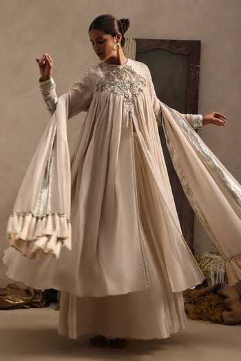 Buy Aurouss Ivory Chanderi, Tissue, Crinkle High Neck Chandrika Flared Anarkali Sharara Set Buy_Aurouss_Ivory Chanderi, Tissue, Crinkle High Neck Chandrika Flared Anarkali Sharara Set