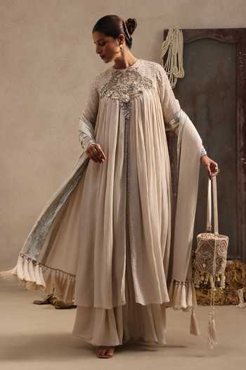 Shop Aurouss Ivory Chanderi, Tissue, Crinkle High Neck Chandrika Flared Anarkali Sharara Set Shop_Aurouss_Ivory Chanderi, Tissue, Crinkle High Neck Chandrika Flared Anarkali Sharara Set