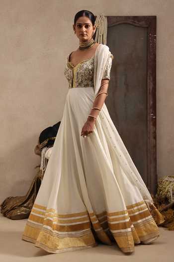 Aurouss Gold Silk Notched Neck Swarna Flared Anarkali With Dupatta Online at Aza Fashions Aurouss_Gold Silk Notched Neck Swarna Flared Anarkali With Dupatta _Online_at_Aza_Fashions