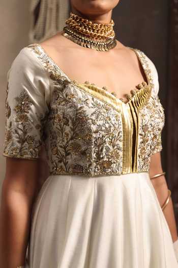 Buy Aurouss Gold Silk Notched Neck Swarna Flared Anarkali With Dupatta Online at Aza Fashions Buy_Aurouss_Gold Silk Notched Neck Swarna Flared Anarkali With Dupatta _Online_at_Aza_Fashions