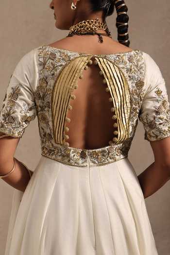 Aurouss Gold Silk Notched Neck Swarna Flared Anarkali With Dupatta at Aza Fashions Aurouss_Gold Silk Notched Neck Swarna Flared Anarkali With Dupatta _at_Aza_Fashions