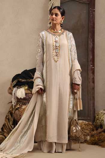 Shop Aurouss Ivory Chanderi, Tissue, Crinkle Round Mridula Embroidered Long Kurta Sharara Set Online at Aza Fashions Shop_Aurouss_Ivory Chanderi, Tissue, Crinkle Round Mridula Embroidered Long Kurta Sharara Set _Online_at_Aza_Fashions