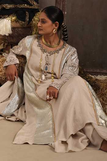 Aurouss Ivory Chanderi, Tissue, Crinkle Round Mridula Embroidered Long Kurta Sharara Set at Aza Fashions Aurouss_Ivory Chanderi, Tissue, Crinkle Round Mridula Embroidered Long Kurta Sharara Set _at_Aza_Fashions
