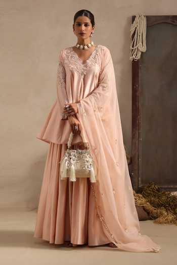 Shop Aurouss Peach Silk, Organza V-neck, Yes Pallavi Short Anarkali Sharara Set Online at Aza Fashions Shop_Aurouss_Peach Silk, Organza V-neck, Yes Pallavi Short Anarkali Sharara Set _Online_at_Aza_Fashions