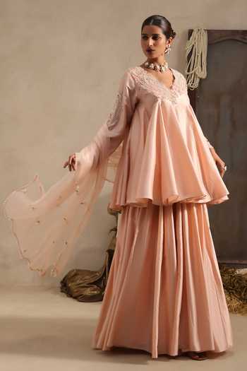 Aurouss Peach Silk, Organza V-neck, Yes Pallavi Short Anarkali Sharara Set at Aza Fashions Aurouss_Peach Silk, Organza V-neck, Yes Pallavi Short Anarkali Sharara Set _at_Aza_Fashions