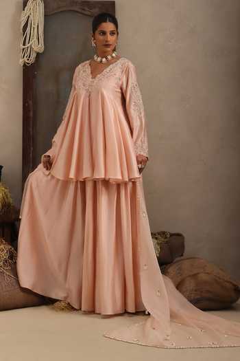 Buy Aurouss Peach Silk, Organza V-neck, Yes Pallavi Short Anarkali Sharara Set Buy_Aurouss_Peach Silk, Organza V-neck, Yes Pallavi Short Anarkali Sharara Set
