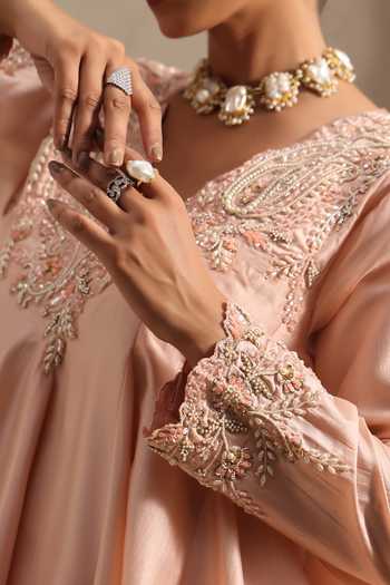 Shop Aurouss Peach Silk, Organza V-neck, Yes Pallavi Short Anarkali Sharara Set Shop_Aurouss_Peach Silk, Organza V-neck, Yes Pallavi Short Anarkali Sharara Set