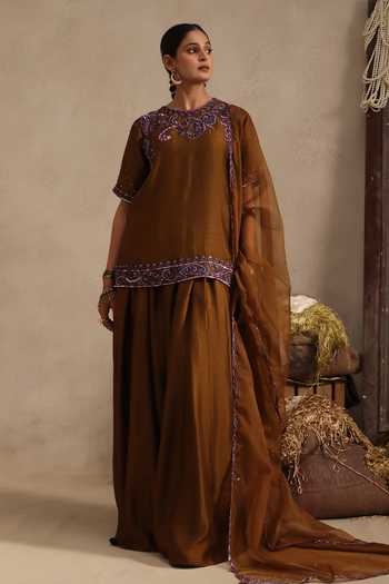 Shop Aurouss Brown Silk, Organza Round Neck Tamra Short Kurta Sharara Set Online at Aza Fashions Shop_Aurouss_Brown Silk, Organza Round Neck Tamra Short Kurta Sharara Set _Online_at_Aza_Fashions