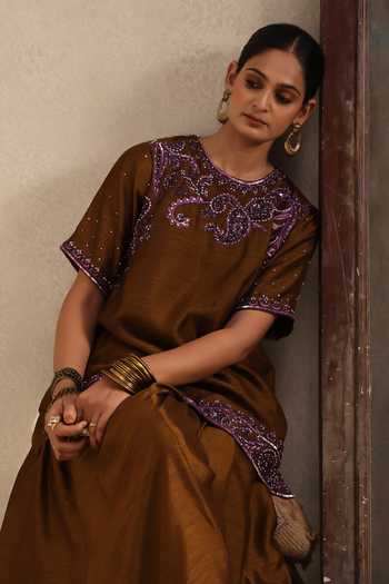 Aurouss Brown Silk, Organza Round Neck Tamra Short Kurta Sharara Set at Aza Fashions Aurouss_Brown Silk, Organza Round Neck Tamra Short Kurta Sharara Set _at_Aza_Fashions