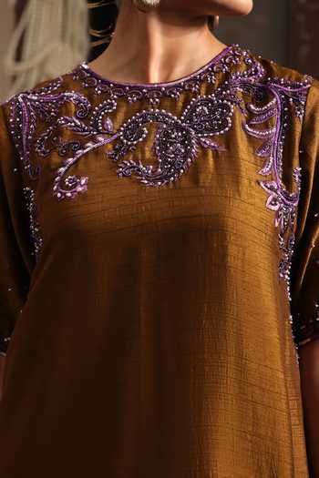 Buy Aurouss Brown Silk, Organza Round Neck Tamra Short Kurta Sharara Set Buy_Aurouss_Brown Silk, Organza Round Neck Tamra Short Kurta Sharara Set
