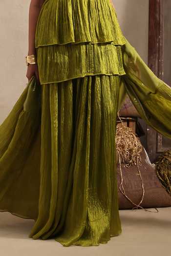 Buy Aurouss Olive Green Silk Embroidery, Sequins, Beads, Harita Short Kurta Palazzo Set Online at Aza Fashions Buy_Aurouss_Olive Green Silk Embroidery, Sequins, Beads, Harita Short Kurta Palazzo Set _Online_at_Aza_Fashions