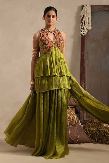 Shop Aurouss Olive Green Silk Embroidery, Sequins, Beads, Harita Short Kurta Palazzo Set Online at Aza Fashions Shop_Aurouss_Olive Green Silk Embroidery, Sequins, Beads, Harita Short Kurta Palazzo Set _Online_at_Aza_Fashions
