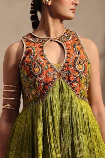 Aurouss Olive Green Silk Embroidery, Sequins, Beads, Harita Short Kurta Palazzo Set at Aza Fashions Aurouss_Olive Green Silk Embroidery, Sequins, Beads, Harita Short Kurta Palazzo Set _at_Aza_Fashions