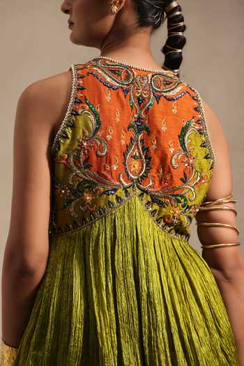 Buy Aurouss Olive Green Silk Embroidery, Sequins, Beads, Harita Short Kurta Palazzo Set Buy_Aurouss_Olive Green Silk Embroidery, Sequins, Beads, Harita Short Kurta Palazzo Set
