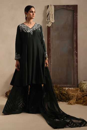 Shop Aurouss Green Silk, Organza V-neck Shyamala Embroidered Anarkali Sharara Set Online at Aza Fashions Shop_Aurouss_Green Silk, Organza V-neck Shyamala Embroidered Anarkali Sharara Set _Online_at_Aza_Fashions
