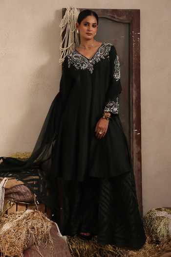 Buy Aurouss Green Silk, Organza V-neck Shyamala Embroidered Anarkali Sharara Set Buy_Aurouss_Green Silk, Organza V-neck Shyamala Embroidered Anarkali Sharara Set