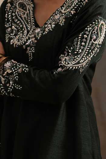 Shop Aurouss Green Silk, Organza V-neck Shyamala Embroidered Anarkali Sharara Set Shop_Aurouss_Green Silk, Organza V-neck Shyamala Embroidered Anarkali Sharara Set