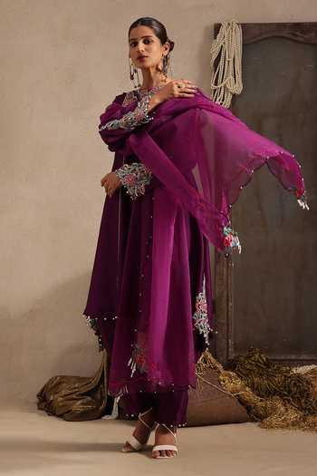 Buy Aurouss Purple Silk, Organza Round Neck Rangdha Embroidered Kurta Pant Set Online at Aza Fashions Buy_Aurouss_Purple Silk, Organza Round Neck Rangdha Embroidered Kurta Pant Set _Online_at_Aza_Fashions