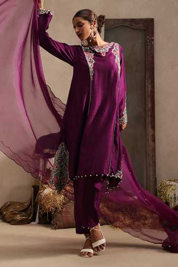 Shop Aurouss Purple Silk, Organza Round Neck Rangdha Embroidered Kurta Pant Set Online at Aza Fashions Shop_Aurouss_Purple Silk, Organza Round Neck Rangdha Embroidered Kurta Pant Set _Online_at_Aza_Fashions