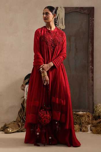 Buy Aurouss Maroon Silk, Tulle Round Neck Radhika Embroidered Anarkali Sharara Set Online at Aza Fashions Buy_Aurouss_Maroon Silk, Tulle Round Neck Radhika Embroidered Anarkali Sharara Set _Online_at_Aza_Fashions