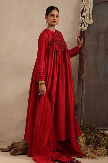 Shop Aurouss Maroon Silk, Tulle Round Neck Radhika Embroidered Anarkali Sharara Set Online at Aza Fashions Shop_Aurouss_Maroon Silk, Tulle Round Neck Radhika Embroidered Anarkali Sharara Set _Online_at_Aza_Fashions