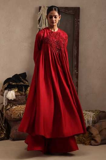 Aurouss Maroon Silk, Tulle Round Neck Radhika Embroidered Anarkali Sharara Set at Aza Fashions Aurouss_Maroon Silk, Tulle Round Neck Radhika Embroidered Anarkali Sharara Set _at_Aza_Fashions