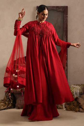 Buy Aurouss Maroon Silk, Tulle Round Neck Radhika Embroidered Anarkali Sharara Set Buy_Aurouss_Maroon Silk, Tulle Round Neck Radhika Embroidered Anarkali Sharara Set