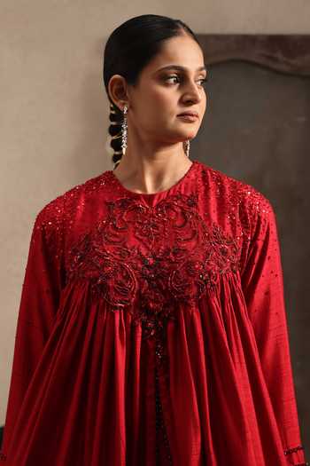 Shop Aurouss Maroon Silk, Tulle Round Neck Radhika Embroidered Anarkali Sharara Set Shop_Aurouss_Maroon Silk, Tulle Round Neck Radhika Embroidered Anarkali Sharara Set
