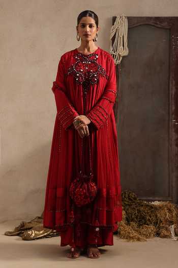 Buy Aurouss Maroon Silk Round Neck Rudra Embroidered Anarkali Sharara Set Online at Aza Fashions Buy_Aurouss_Maroon Silk Round Neck Rudra Embroidered Anarkali Sharara Set _Online_at_Aza_Fashions