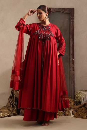 Aurouss Maroon Silk Round Neck Rudra Embroidered Anarkali Sharara Set at Aza Fashions Aurouss_Maroon Silk Round Neck Rudra Embroidered Anarkali Sharara Set _at_Aza_Fashions