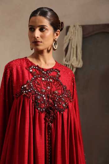 Buy Aurouss Maroon Silk Round Neck Rudra Embroidered Anarkali Sharara Set Buy_Aurouss_Maroon Silk Round Neck Rudra Embroidered Anarkali Sharara Set
