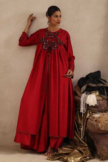 Shop Aurouss Maroon Silk Round Neck Rudra Embroidered Anarkali Sharara Set Shop_Aurouss_Maroon Silk Round Neck Rudra Embroidered Anarkali Sharara Set