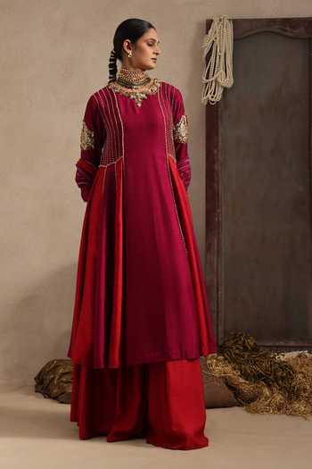 Shop Aurouss Maroon Silk Round Neck Rajasi Embroidered Anarkali Sharara Set Online at Aza Fashions Shop_Aurouss_Maroon Silk Round Neck Rajasi Embroidered Anarkali Sharara Set _Online_at_Aza_Fashions