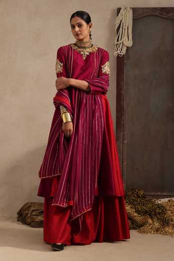 Buy Aurouss Maroon Silk Round Neck Rajasi Embroidered Anarkali Sharara Set Buy_Aurouss_Maroon Silk Round Neck Rajasi Embroidered Anarkali Sharara Set