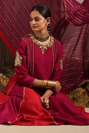Shop Aurouss Maroon Silk Round Neck Rajasi Embroidered Anarkali Sharara Set Shop_Aurouss_Maroon Silk Round Neck Rajasi Embroidered Anarkali Sharara Set