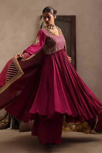 Buy Aurouss Purple Chanderi V-neck Gulnaar Embroidered Anarkali Sharara Set Online at Aza Fashions Buy_Aurouss_Purple Chanderi V-neck Gulnaar Embroidered Anarkali Sharara Set _Online_at_Aza_Fashions